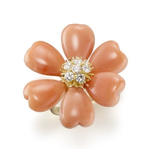 18K Coral Diamond Flower Ring